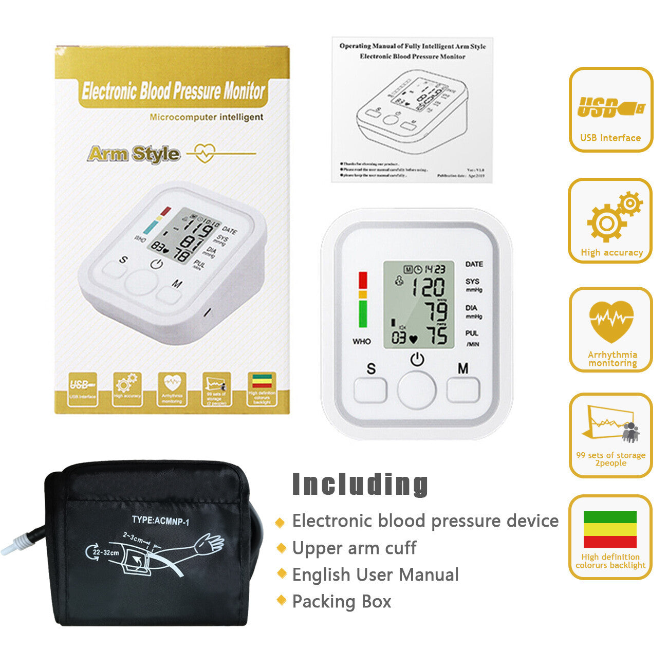Blood pressure monitor with USB charging and voice broadcast function