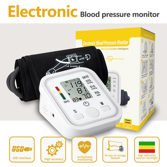 Automatic upper arm blood pressure monitor with voice guidance and large backlit display