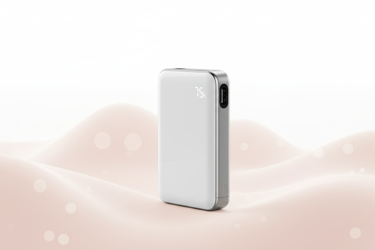 light pink and white background and powerbank photo in it with blur